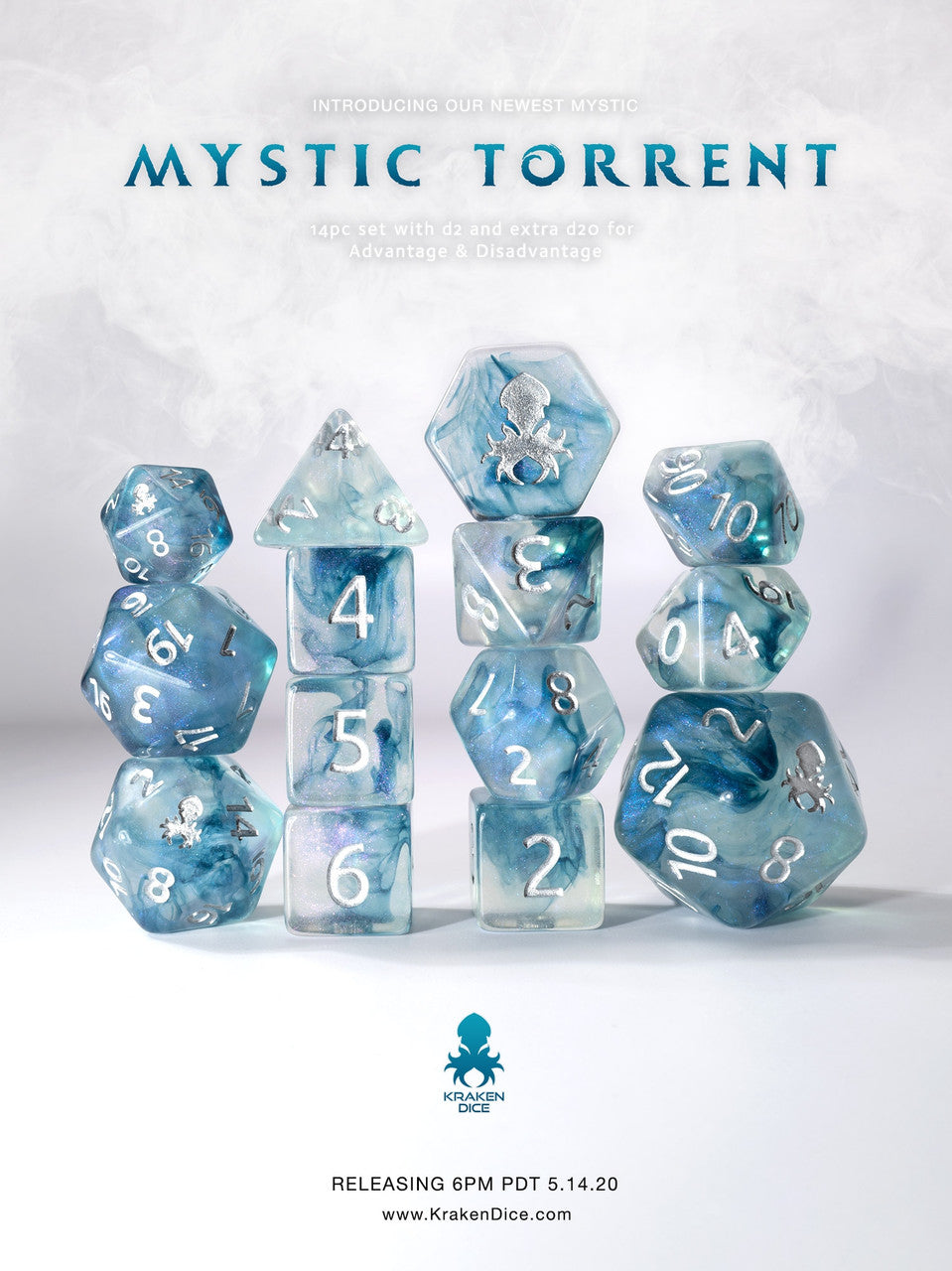 Mystic Torrent 14pc Polyhedral Dice set with Silver Ink